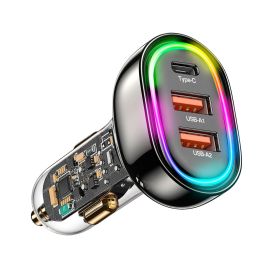 90W 3 Ports Fast Charge Car Charger QC3.0 PD3.0 USB Type-C LT Car Cigarette Lighter with Colorful Light Fit for IOS Phone iPad Samsung Goggle Pix