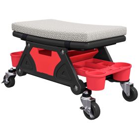 Rolling Garage Stool with Wheels, 300 LBS Capacity Padded Mechanic Stool with Tool Trays Storage, Grey